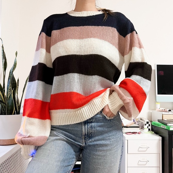 NWT LEYDEN Striped Sweater With Balloon Sleeves - Picture 2 of 6